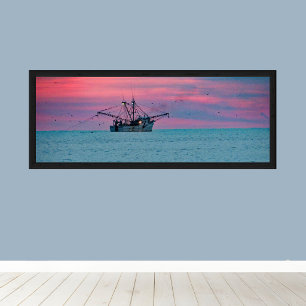 Poster Pêche à la crevette au coucher du soleil
