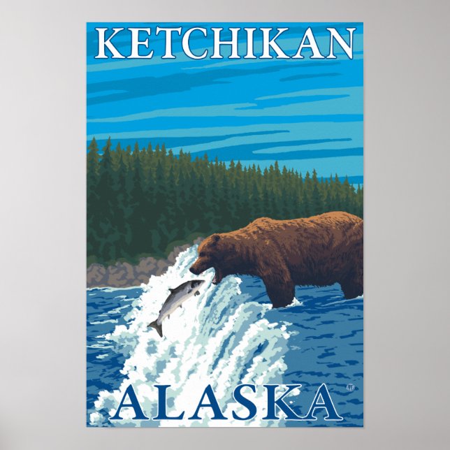 Poster Pêche à l'ours dans la rivière - Ketchikan, Alaska (Devant)