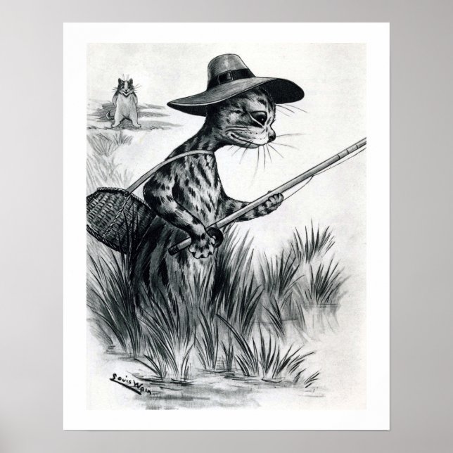 Poster Pêche au chat, Louis Wain (Devant)