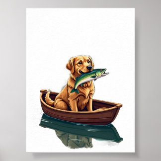 Poster Pêche au Retriever Doré Rétro - Chien Passionné de