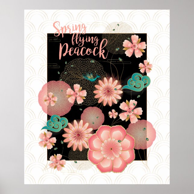 Poster Pêche de printemps Jardin volant Peacock Ornement  (Devant)