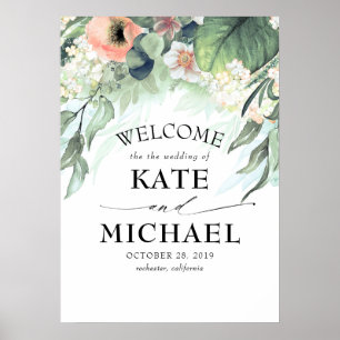 Poster Pêche et rose Floral Garden Mariage Bienvenue