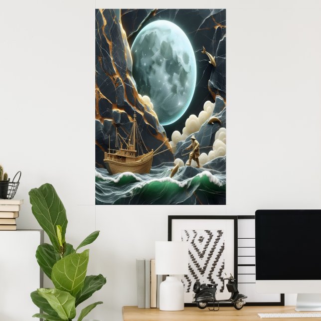 Poster Pêche Lune Sous La Falaise (Bureau à domicile)
