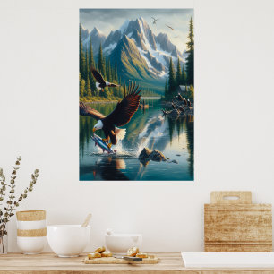 Poster Pêche majestueuse d'aigle au lever du soleil
