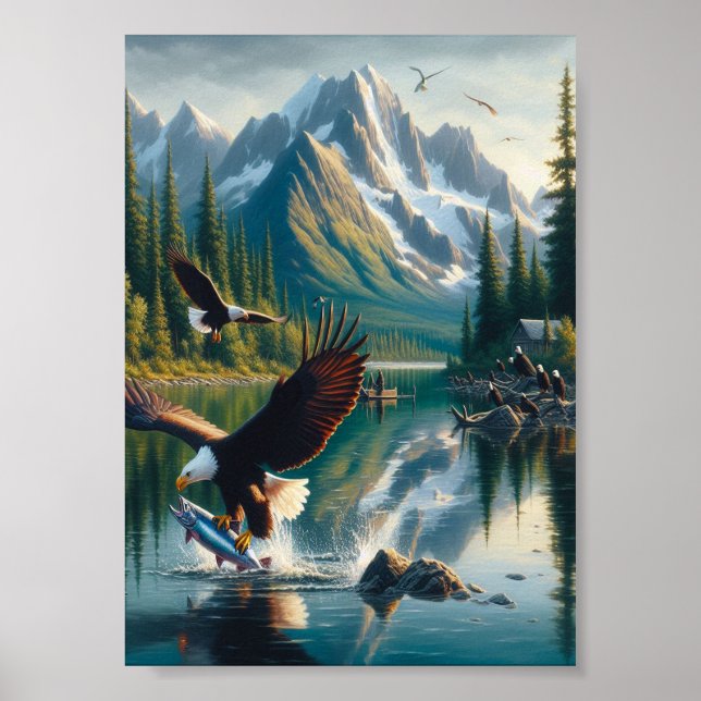 Poster Pêche majestueuse d'aigle capturé au lever du sole (Devant)