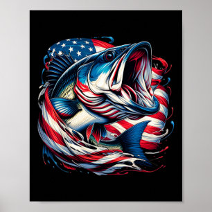 Poster Pêche Patriotique 4 Juillet Hommes Drapeau América
