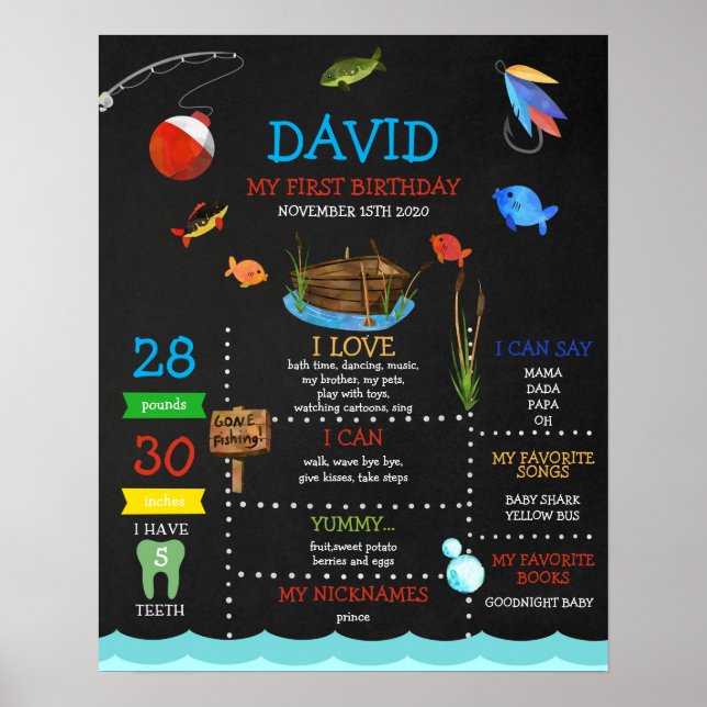 Poster Pêche premier anniversaire Chalkboard Jalon Garçon (Devant)