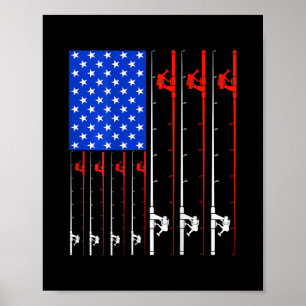 Poster Pêche USA Drapeau américain 4 juillet Pêcheur