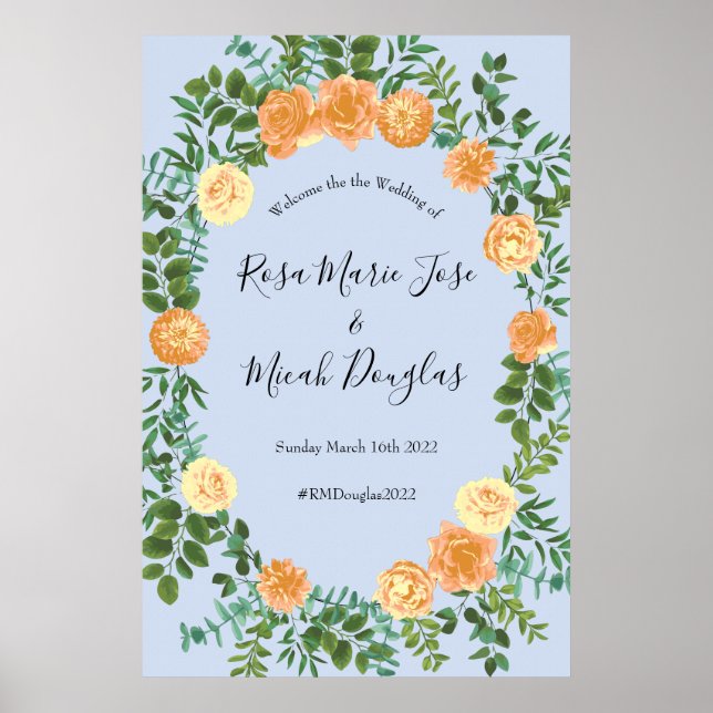 Poster Pêcher bleu clair Mariage Roses Floral (Devant)
