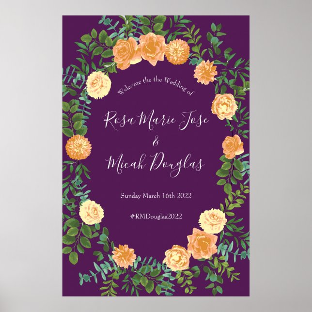 Poster Pêcher Mariage violet Roses floraux (Devant)