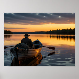 Poster Pêcheur dans un bateau à rames en bois