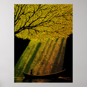 Poster Pêcheur la nuit sous la canopée d'un arbre géant