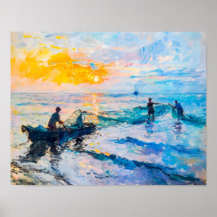 Poster Pêcheurs au coucher du soleil Scène côtière impres