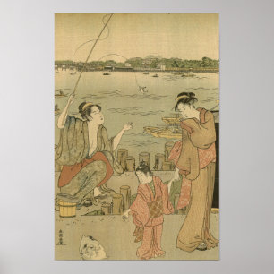 Poster Pêcheurs japonais en gravure sur bois