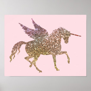 Poster Pégase Cheval Licorne Pailleté Poudre D'or Tendanc
