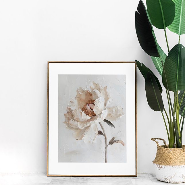 Poster Peine de pivoine blanche romantique Peinture mural (Romantic White Peony Painting Aesthetic Wall Art next to a large plant.)