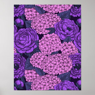 Poster Peine et hydrangée en rose et violet