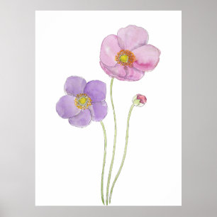 Poster peint à la main de rose et de violet cosmos fleurs