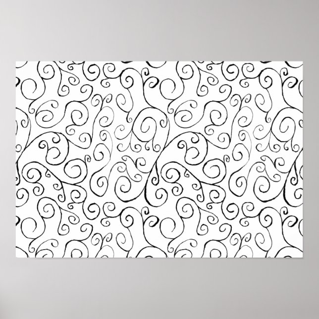 Poster Peint à la main Motif de courbe noire sur blanc (Devant)