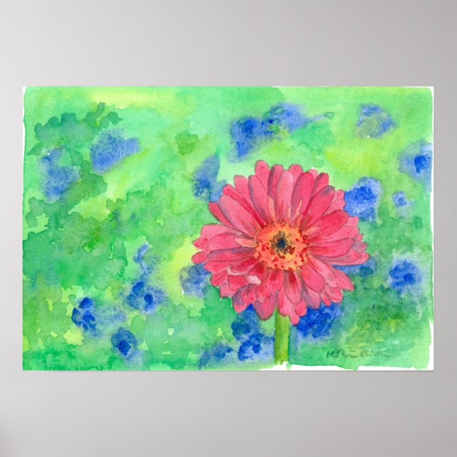 Poster Peint Gerbera rose marguerite aquarelle Art (Devant)