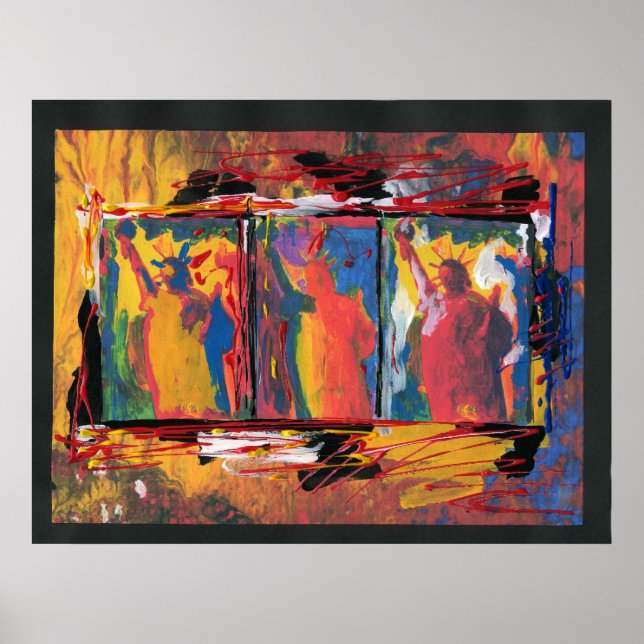 Poster Peint rouge orange jaune bleu Libertés (Devant)