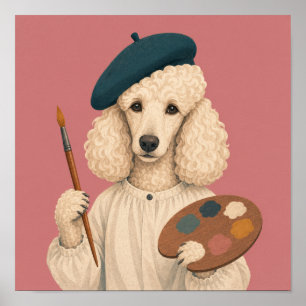 Poster Peintre Caniche portant un béret avec pinceau et p