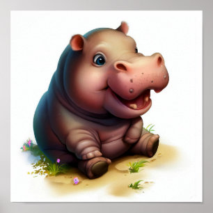 Poster Peinture 3D Aquarelle d'un Hippopotame mignon