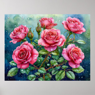 Poster Peinture à l'aquarelle de roses roses avec gouttes