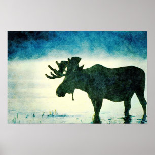 Poster Peinture à l'aquarelle en silhouette d'orignal