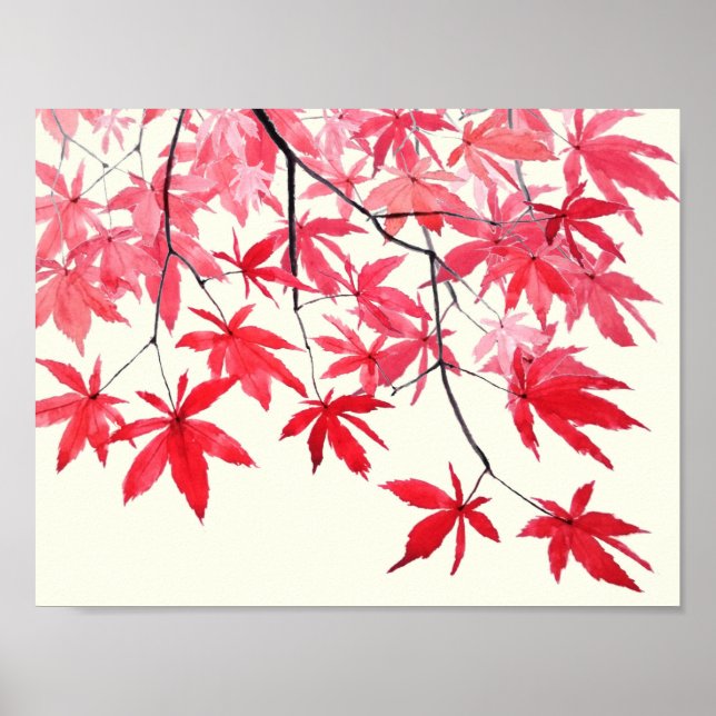Poster peinture à l'aquarelle feuille d'érable rouge (Devant)