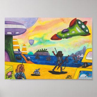 Poster Peinture à l'aquarelle Vaisseau spatial Planète Aé
