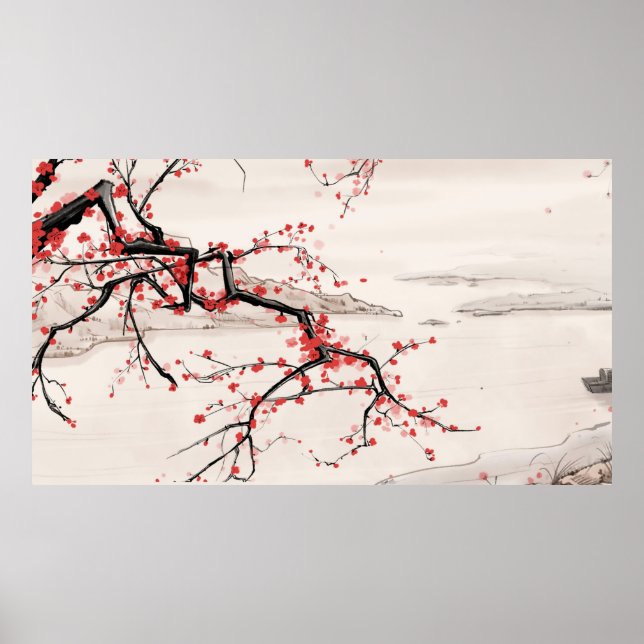 Poster Peinture à l'encre de fleur de prune de la rivière (Devant)