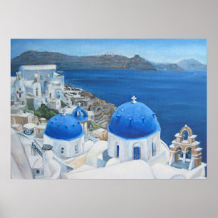 Poster Peinture à l'huile bleue d'église de Santorini O