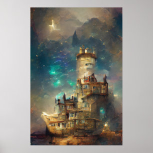 Poster Peinture à l'huile Château, Château dans la nuit é
