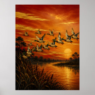Poster Peinture à l'huile Coucher de Soleil en Rentant –