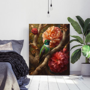 Poster Peinture à l'huile de colibri vert floral nature