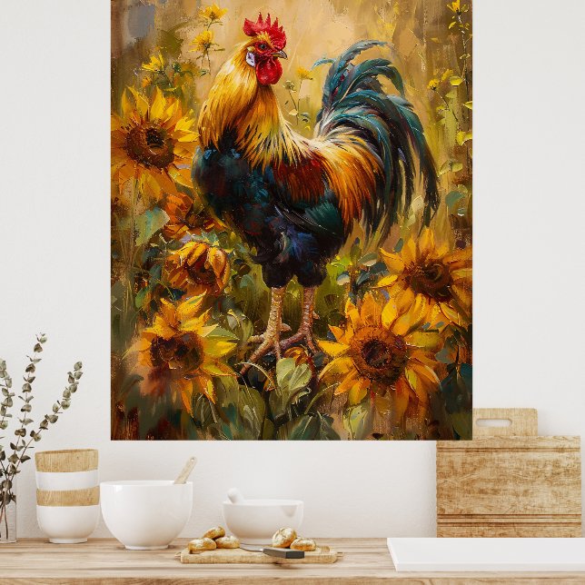 Poster Peinture à l'huile de coq et de tournesol (Cuisine)