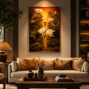 Poster Peinture à l'huile de grues Lotus Amour & Paix Asi