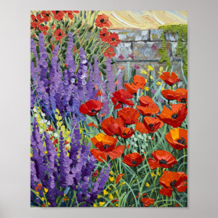 Poster Peinture à l'huile de jardin de pavot et de lavand
