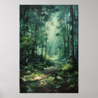 Poster Peinture à l'huile de la forêt verte luxuriante Na