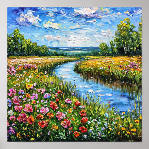 Poster Peinture à l'huile de lac et de champs de fleurs