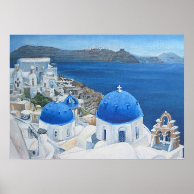 Poster Peinture à l'huile de l'église bleue Santorin Oia (Devant)