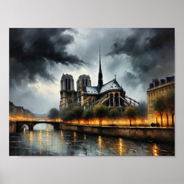 Poster Peinture à l'huile de Notre Dame de Paris la nuit (Devant)