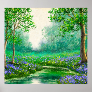 Poster Peinture à l'huile de paysage de printemps, forêt.
