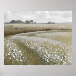 Poster Peinture à l'huile de prairie fleur sauvage blanc