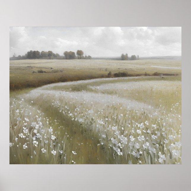 Poster Peinture à l'huile de prairie fleur sauvage blanc (Devant)
