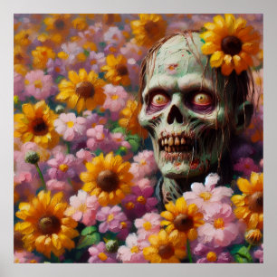 Poster Peinture à l'huile de Zombie dans le champ de fleu