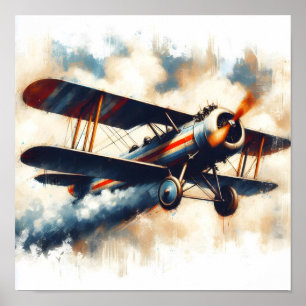 Poster Peinture à l'huile d'un biplan bleu vintage