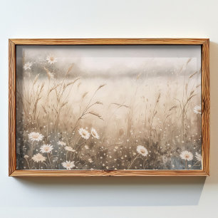 Poster peinture à l'huile d'un champ de fleurs et d'herbe