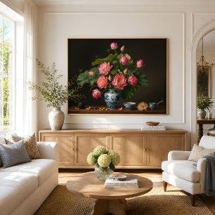 Poster Peinture à l'huile d'un élégant lotus rose dans un